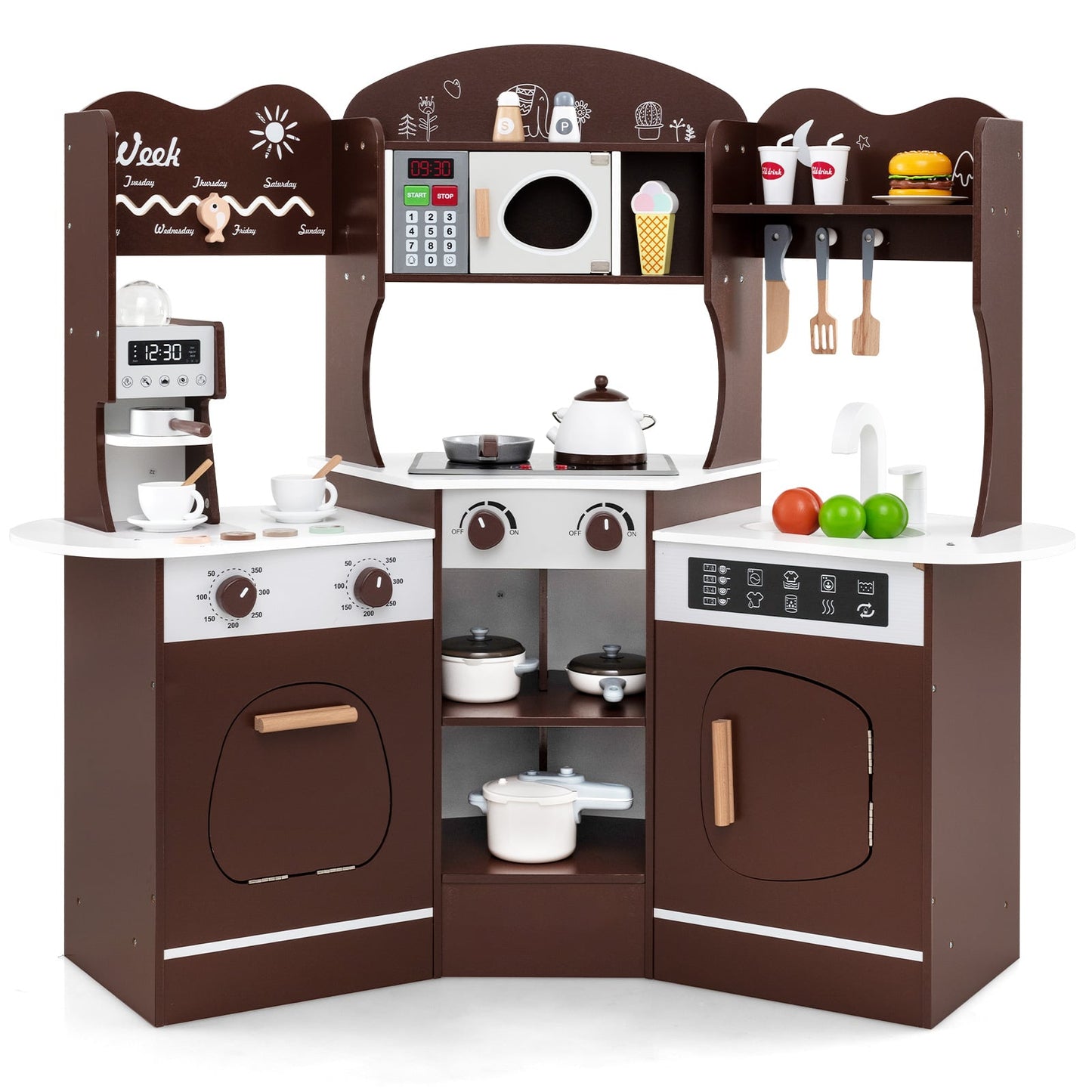 Kids Corner Wooden Play Kitchen with Coffee Machine Slide Microwave-Brown