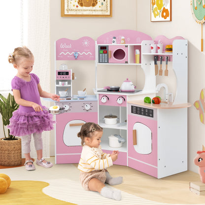 Kids Corner Wooden Play Kitchen with Coffee Machine Slide Microwave-Pink