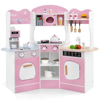 Corner Wooden Play Kitchen with Lights Sounds and Accessories-Pink