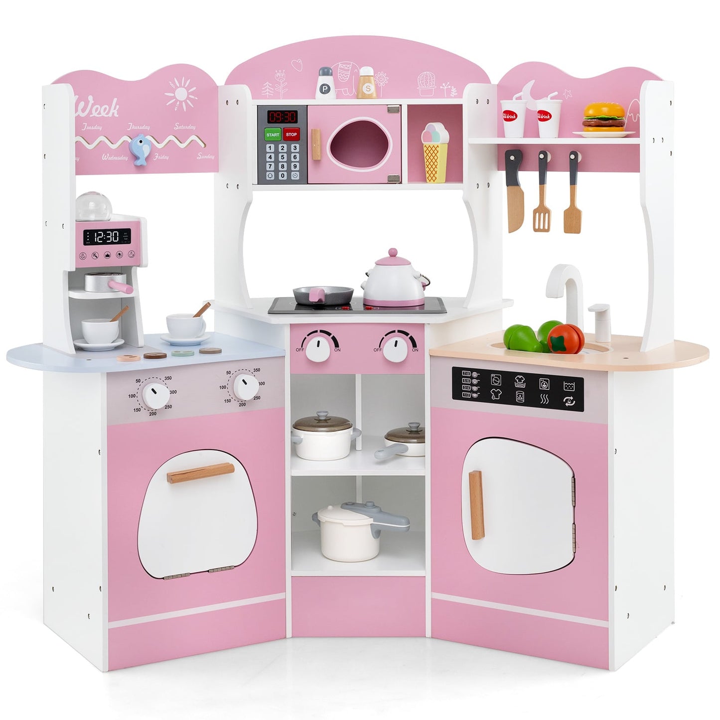 Kids Corner Wooden Play Kitchen with Coffee Machine Slide Microwave-Pink