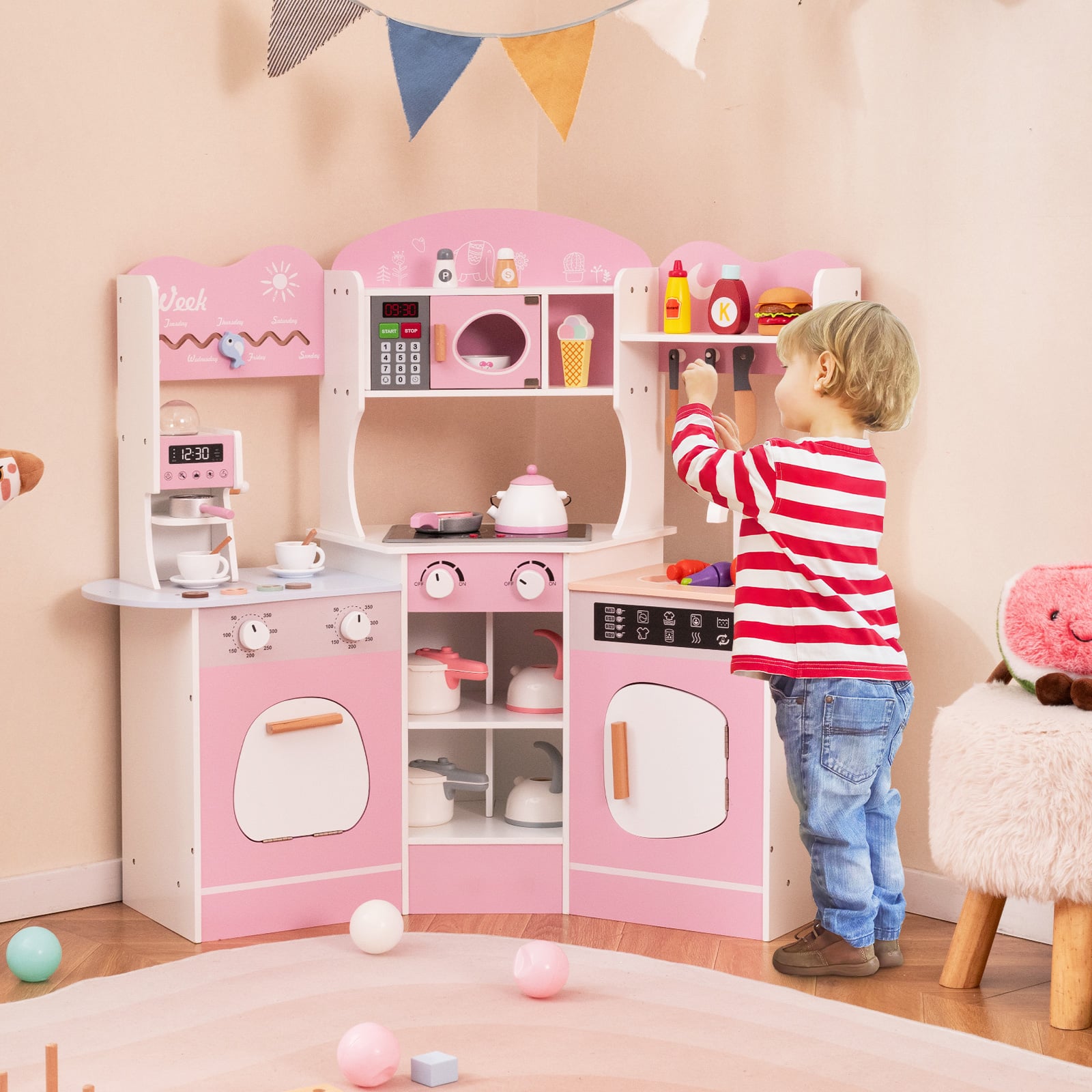 Kids Corner Wooden Play Kitchen with Coffee Machine Slide Microwave-Pink