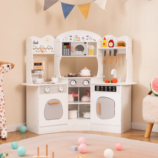 Kids Corner Wooden Play Kitchen with Coffee Machine Slide Microwave-White