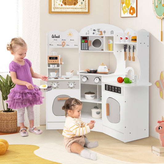 Kids Corner Wooden Play Kitchen with Coffee Machine Slide Microwave-White