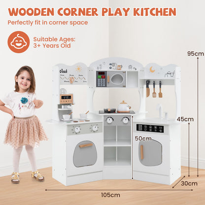 Kids Corner Wooden Play Kitchen with Coffee Machine Slide Microwave-White
