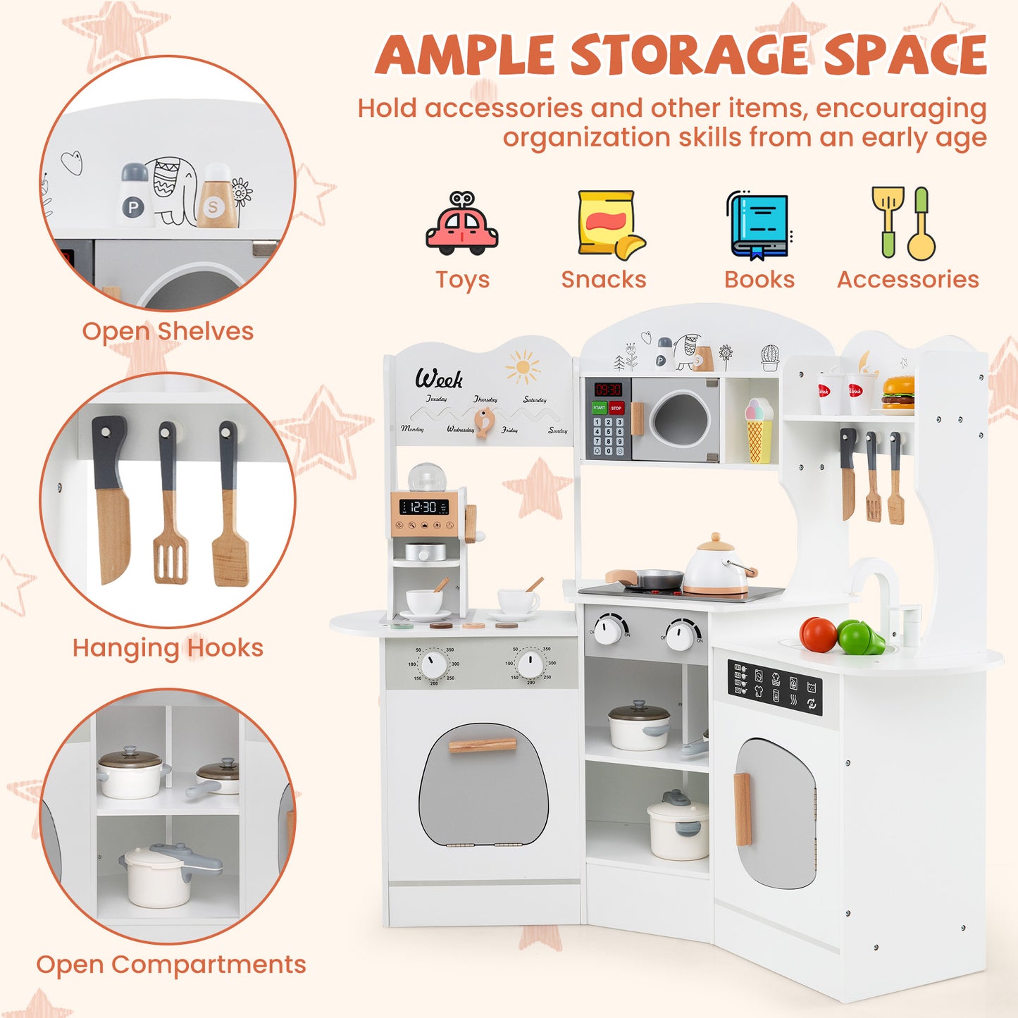 Kids Corner Wooden Play Kitchen with Coffee Machine Slide Microwave-White