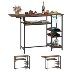 Counter Height Bar Table with LED Lights and Foldable Top-Rustic Brown