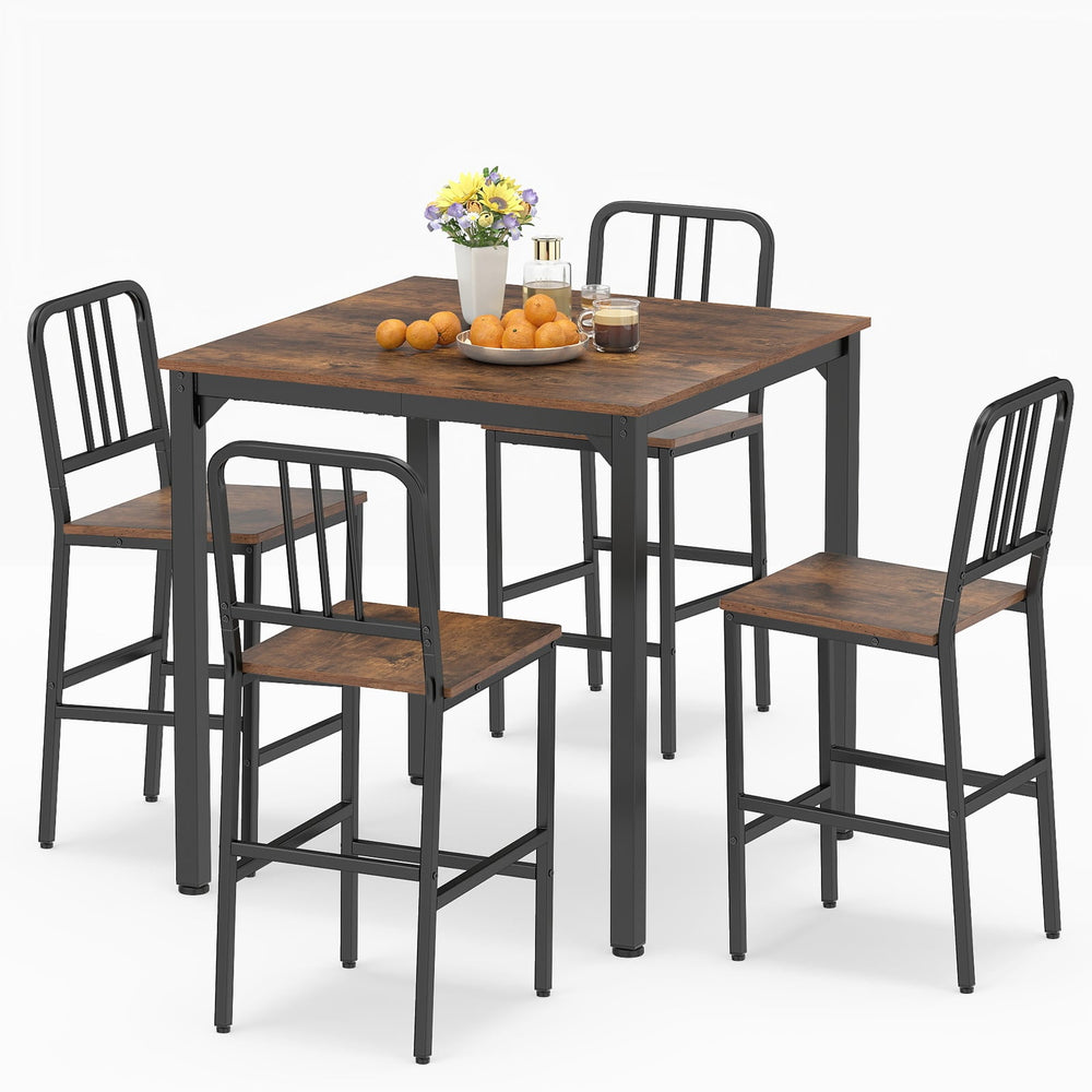 Counter Height Dining Table Set for 4 Kitchen Bar Table and Chairs Set with Faux Marble Surface-Rustic Brown