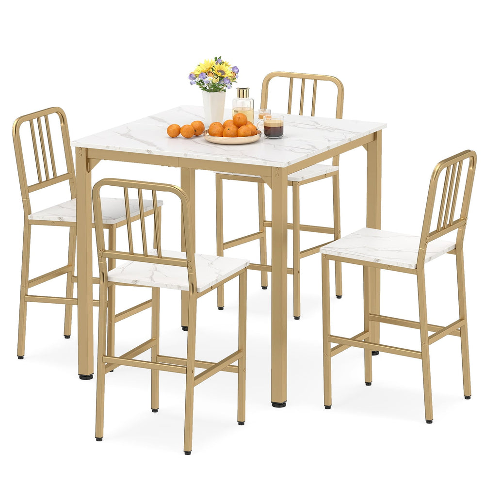 Counter Height Dining Table Set for 4 Kitchen Bar Table and Chairs Set with Faux Marble Surface-White
