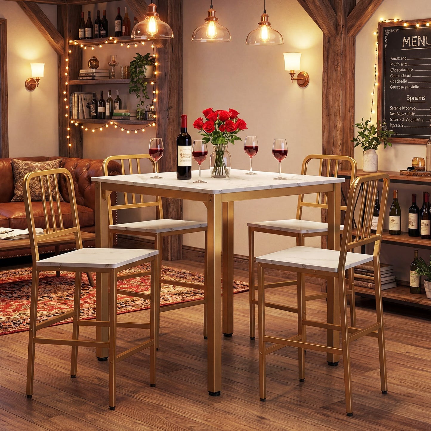 Counter Height Dining Table Set for 4 Kitchen Bar Table and Chairs Set with Faux Marble Surface-White