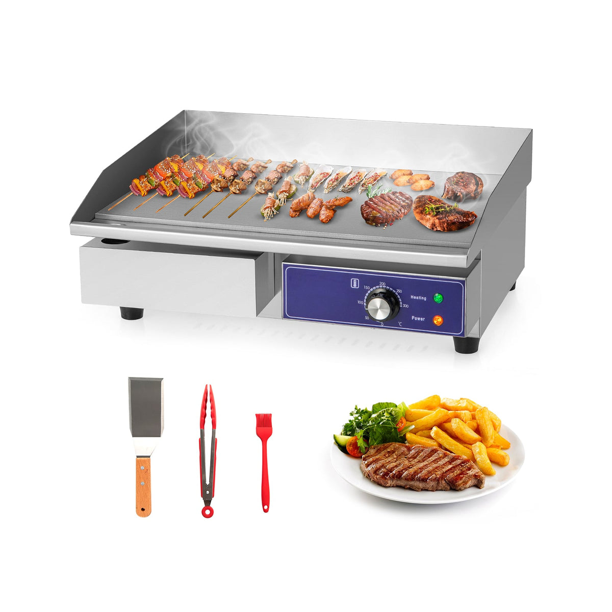 Countertop Electric Griddle 2800W 240V Commercial Stainless Steel Grill with 50℃-300℃ Adjustable Temp Control-Black
