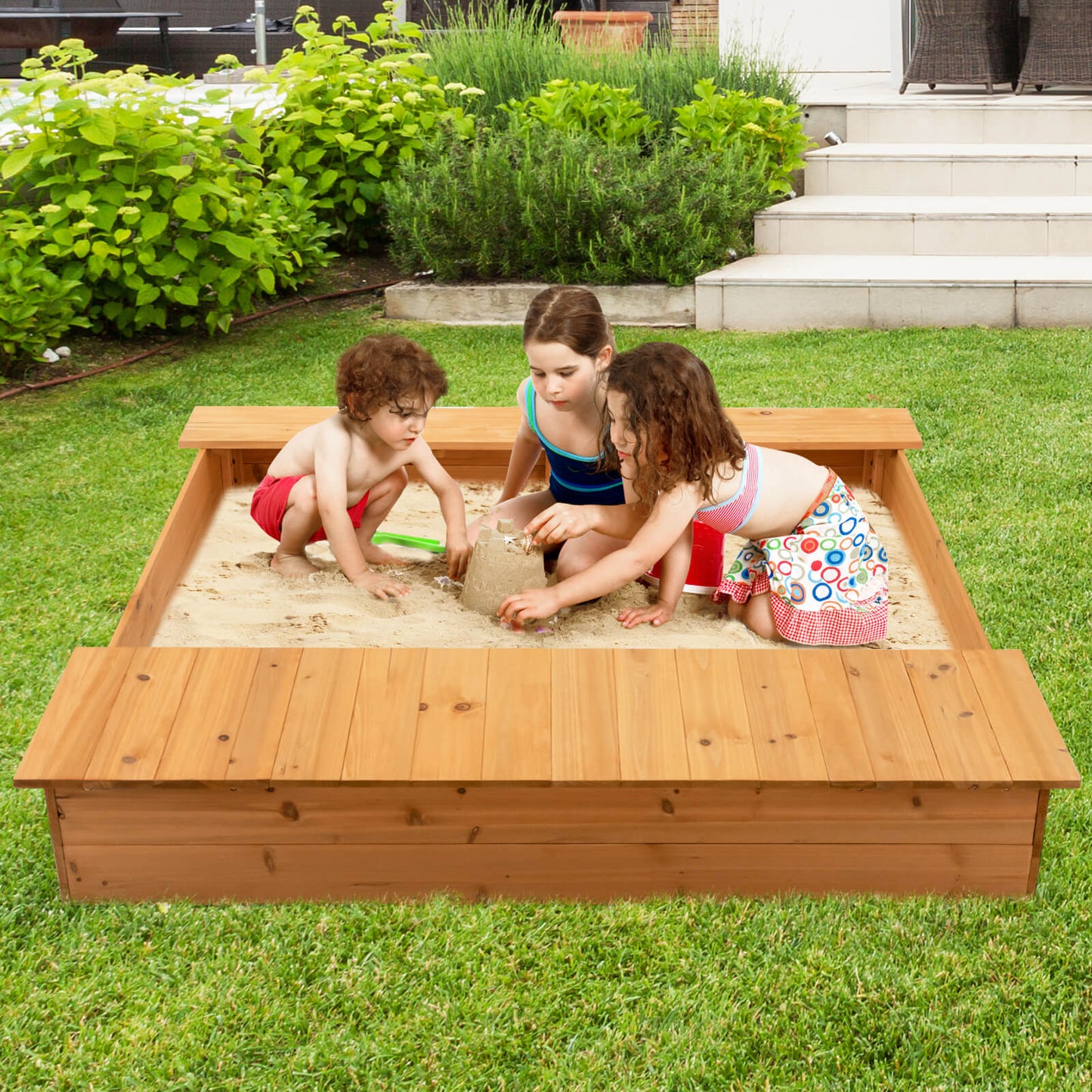 Covered Wooden Kids Sandbox with 2 Storage Boxes and Bottomless Design