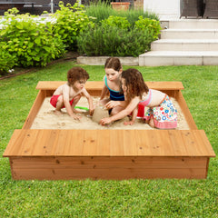 Covered Wooden Kids Sandbox with 2 Storage Boxes and Bottomless Design