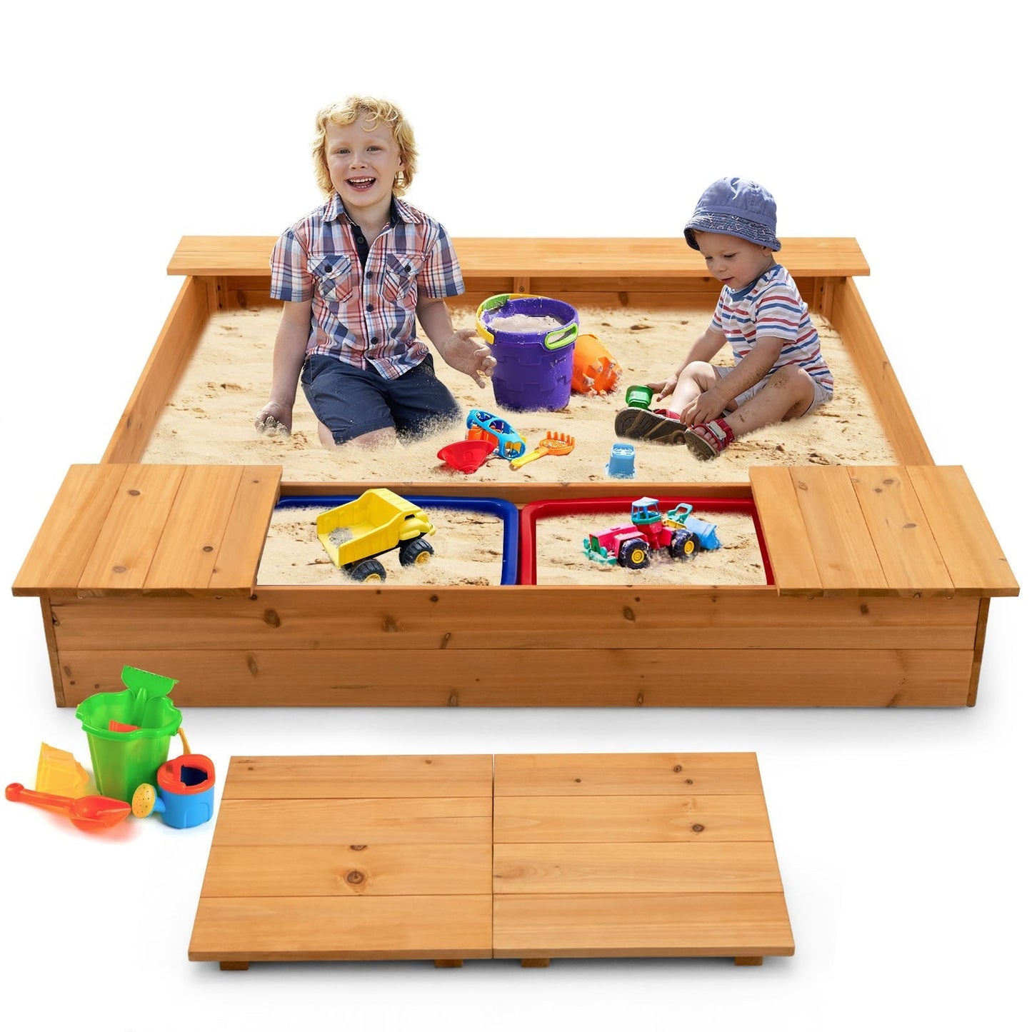 Covered Wooden Kids Sandbox with 2 Storage Boxes and Bottomless Design