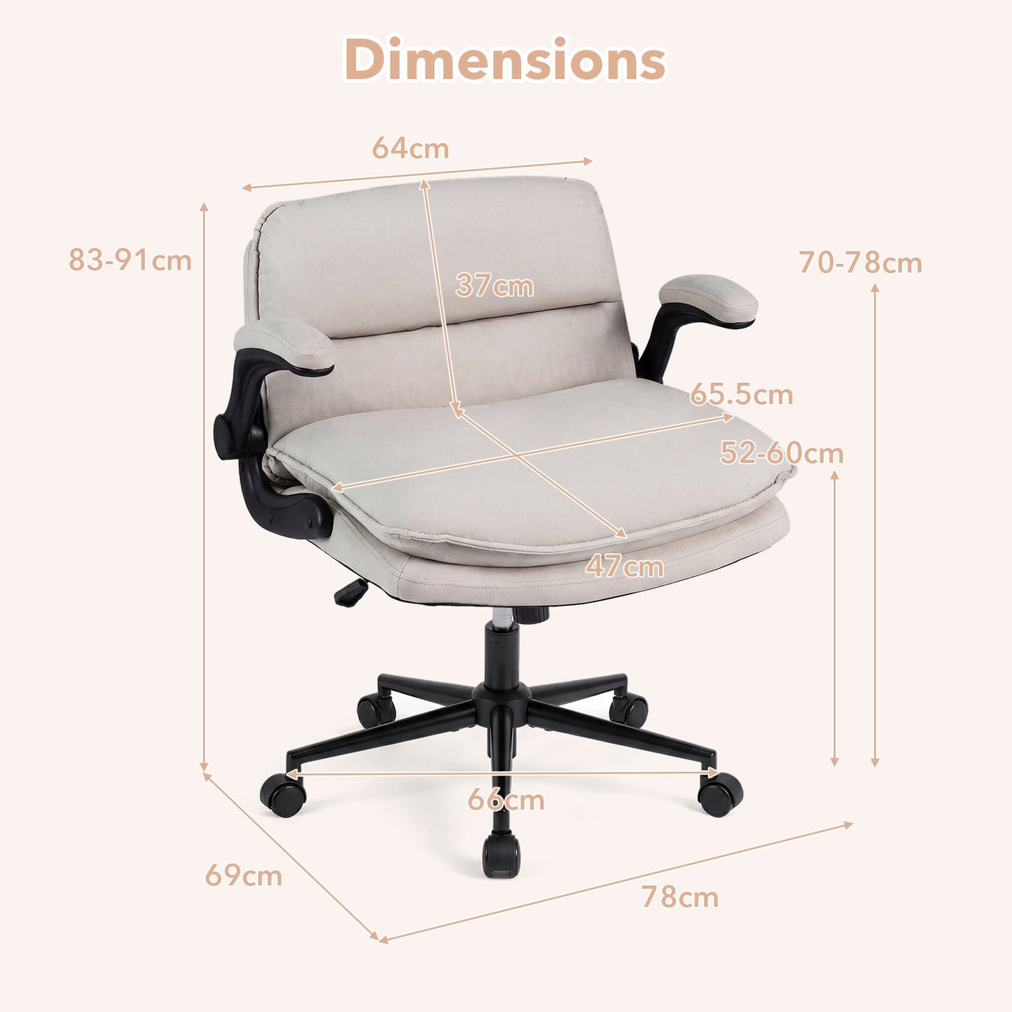 Criss Cross Chair on Wheels with Flip-up Arms Adjustable Height and Wide Backrest-Beige