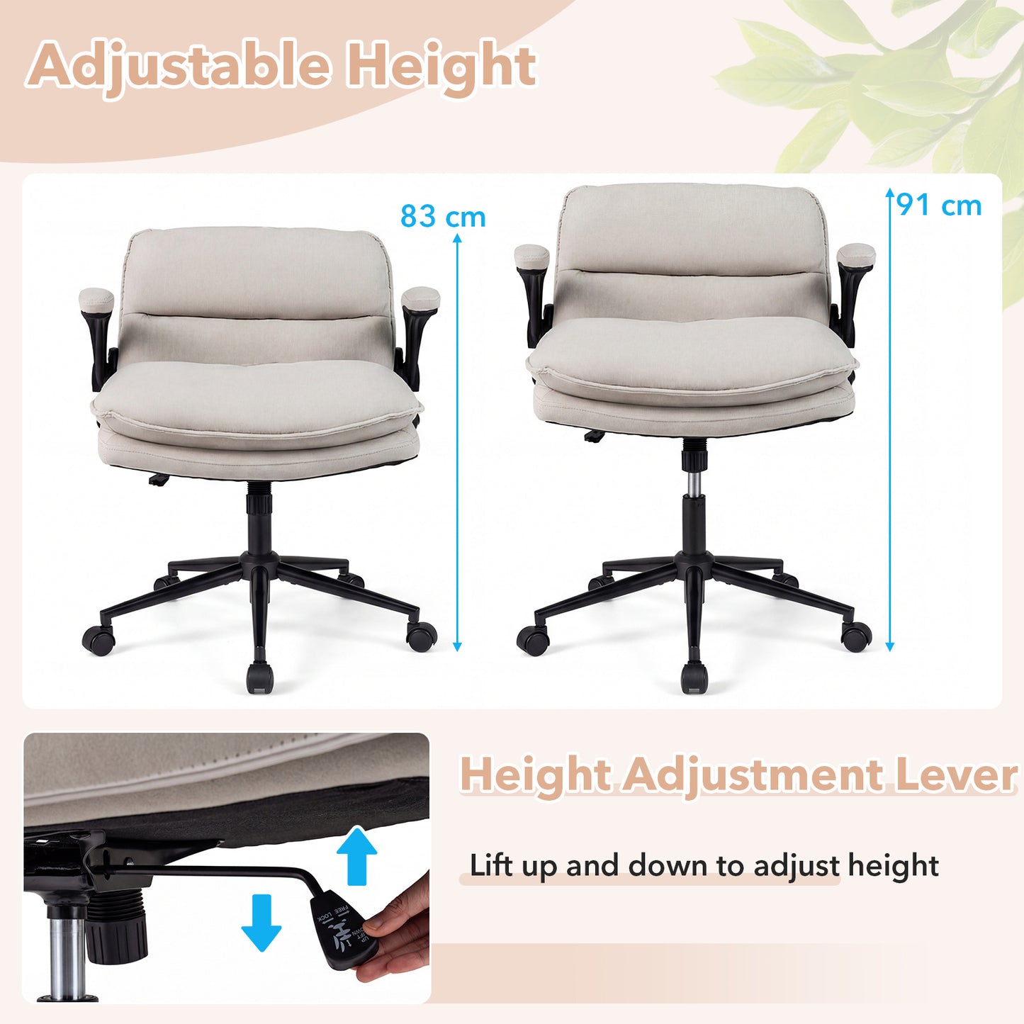 Criss Cross Chair on Wheels with Flip-up Arms Adjustable Height and Wide Backrest-Beige