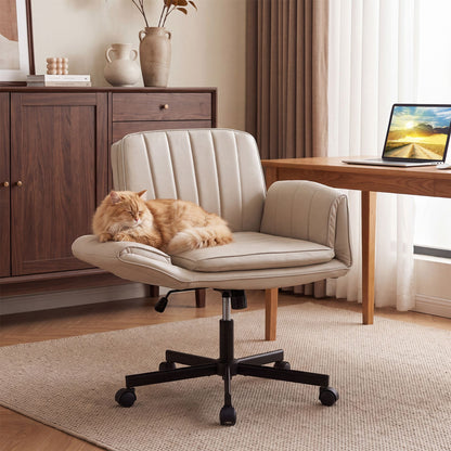 Criss Cross Office Chair with 6-Level Adjustable Arms and Wheels for Home Office-Beige