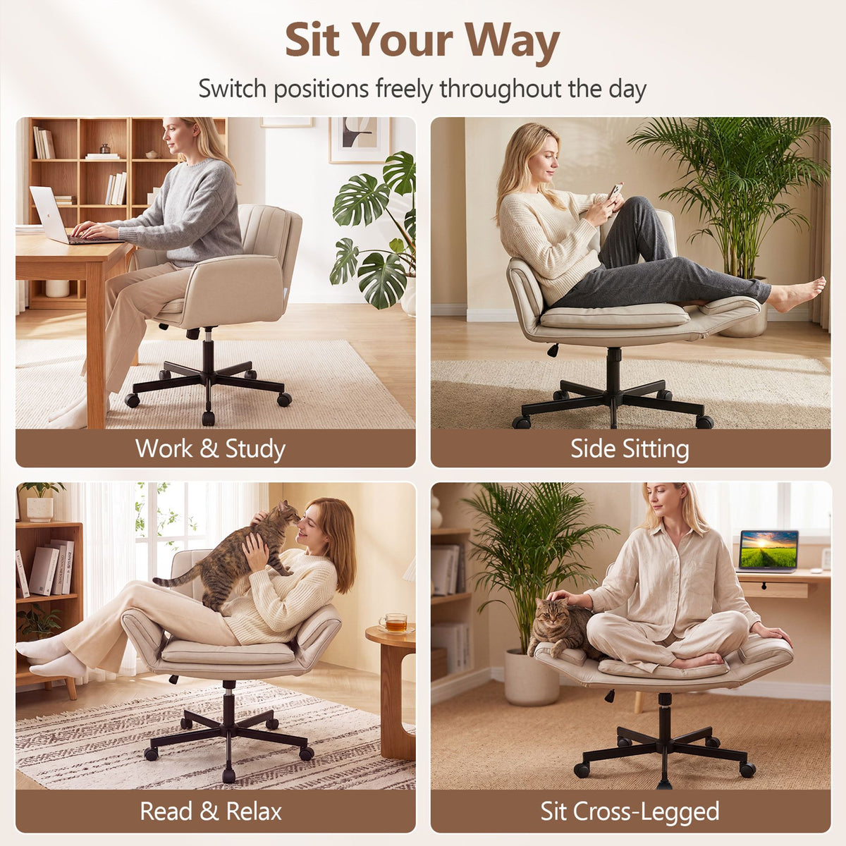 Criss Cross Office Chair with 6-Level Adjustable Arms and Wheels for Home Office-Beige