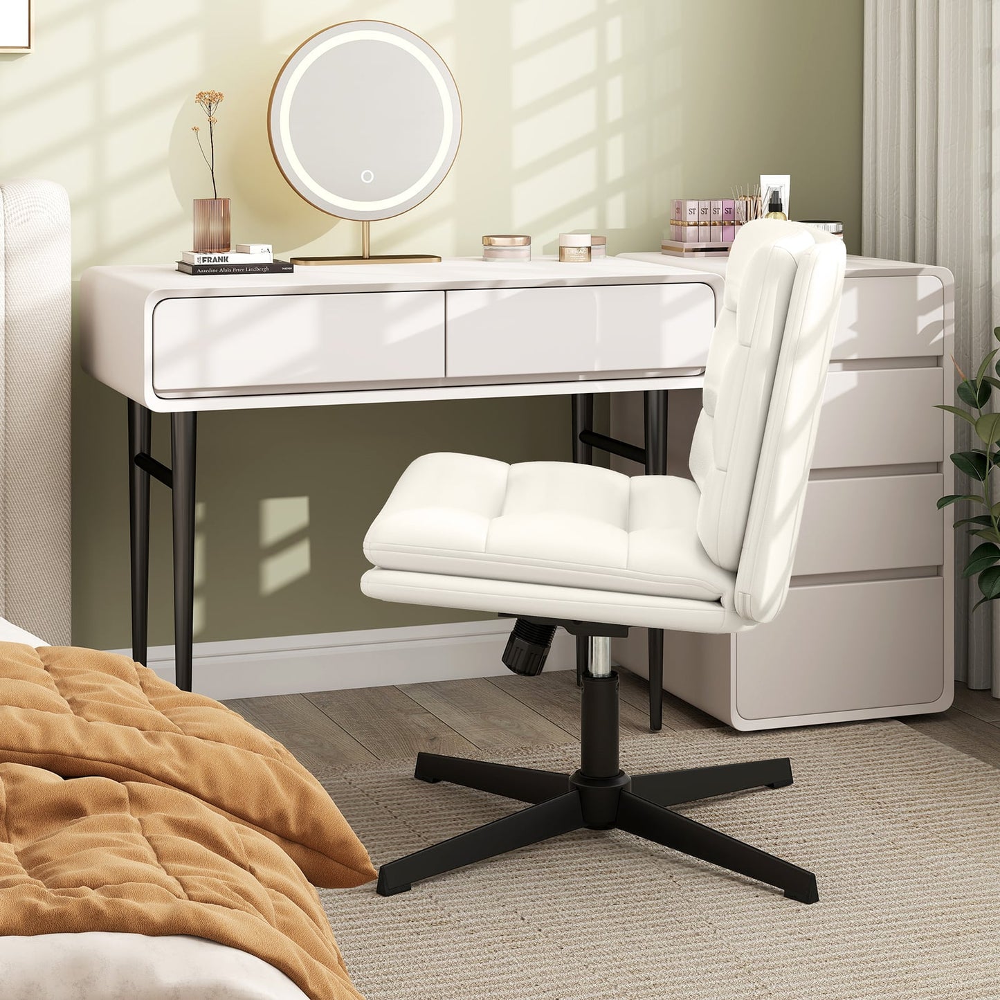 Criss Cross Legged Chair with Adjustable Height for Bedroom-Off White