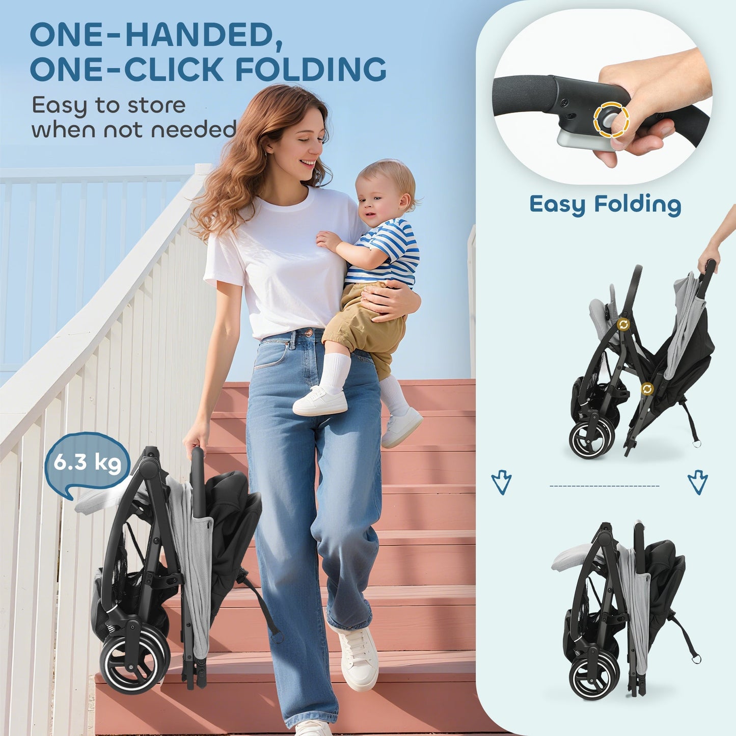 AIYAPLAY Travel Stroller, Lightweight Pushchair, Compact Buggy with Canopy, Basket and Multi-Position Recline, Light Grey