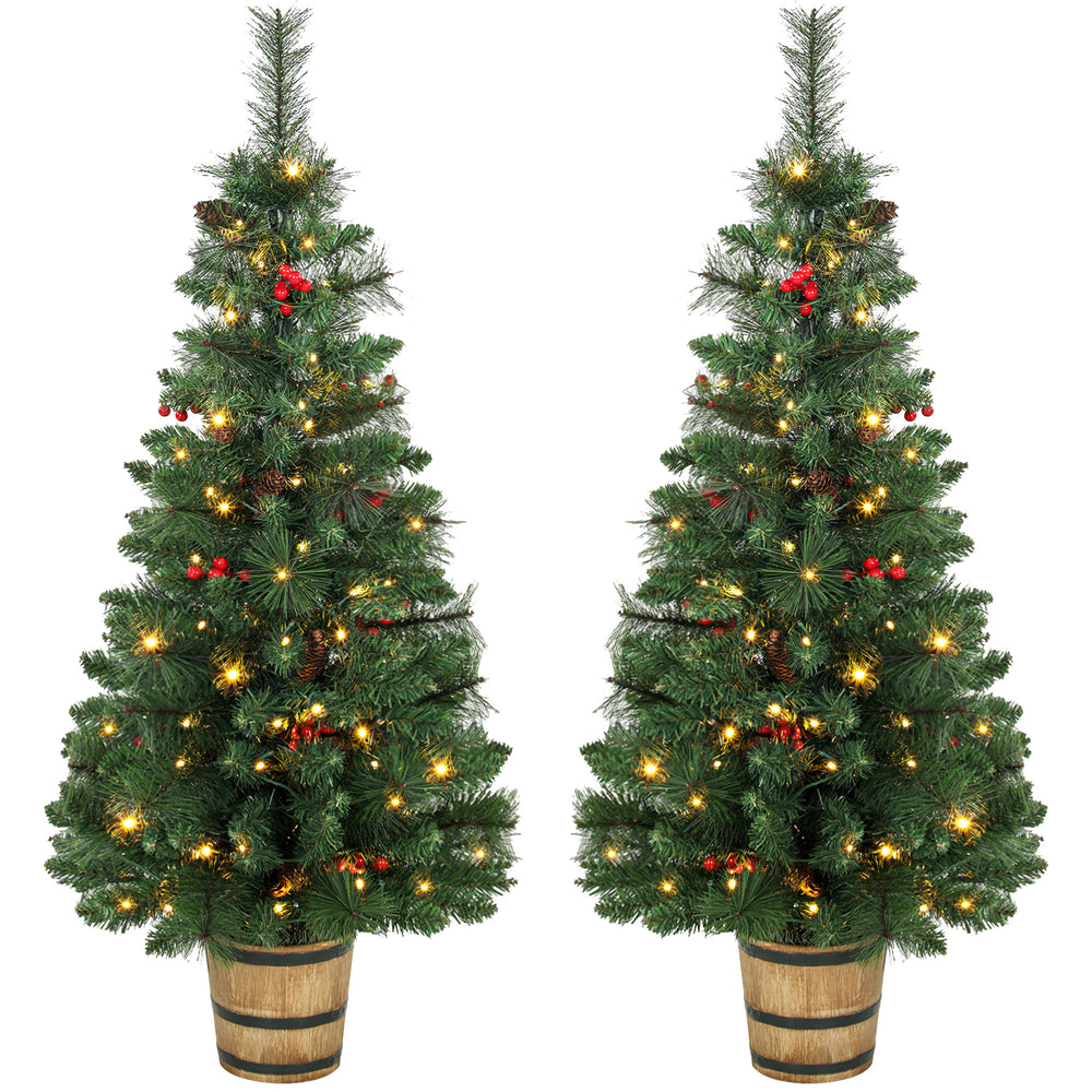 HOMCOM 2 PCs Prelit Christmas Trees with Dual-Colour LEDs, Berry, Pinecones, Battery-Operated, 11 Modes, Pot, Remote, 4ft