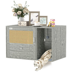PawHut Cat Litter Box Enclosure with Rattan Door, Scratching Mat, Toy Ball, Non-Slip Foot Pads, Grey