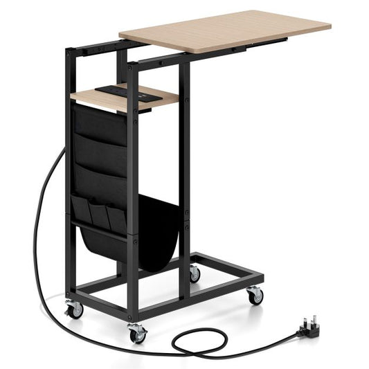 C-shaped End Table Rolling with Charging Station and Retractable Tabletop-Natural