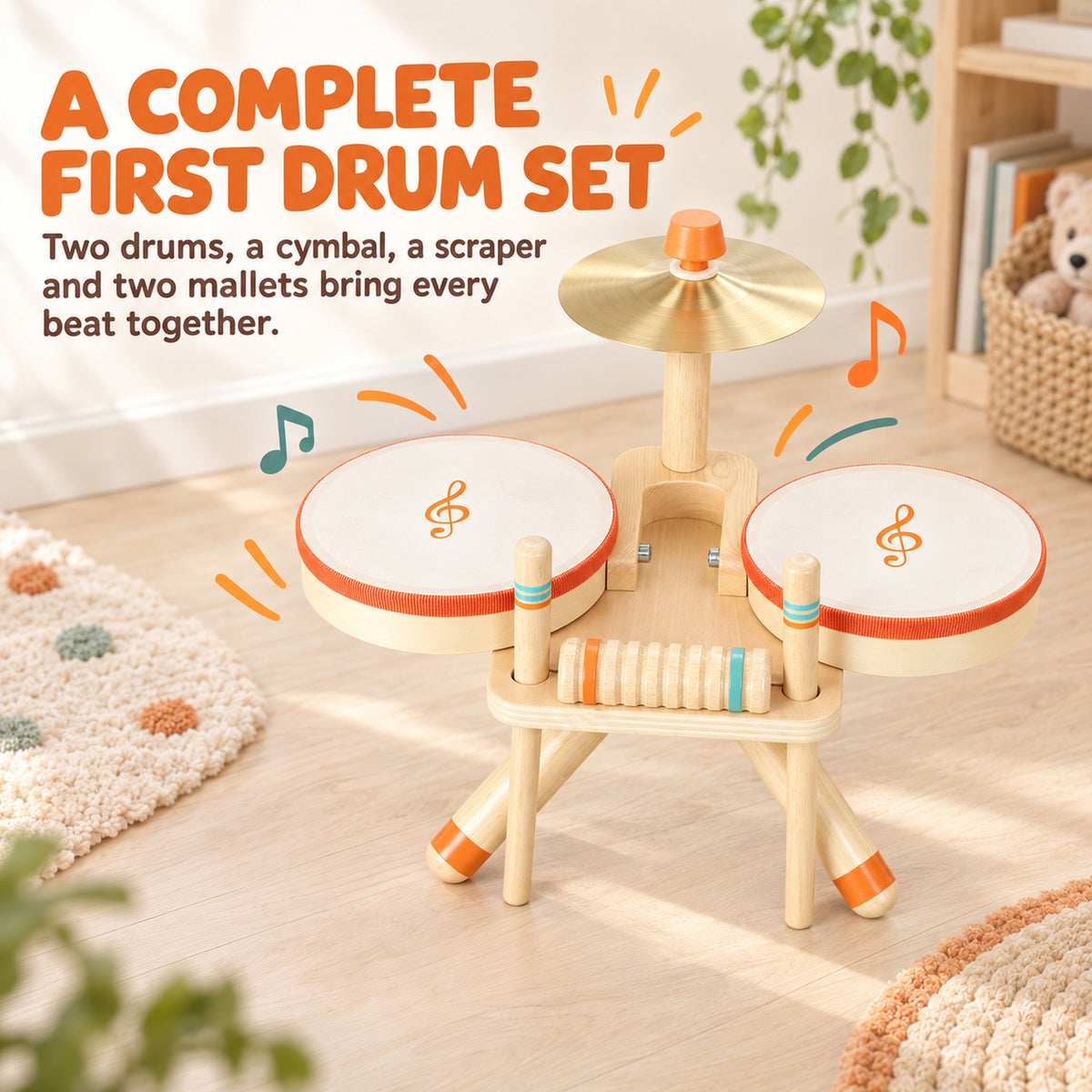 AIYAPLAY Kids Drum Kit, Wooden Musical Instruments with 2 Drums, Cymbal, Scraper, 2 Mallets for Toddlers, Music Learning, Natural