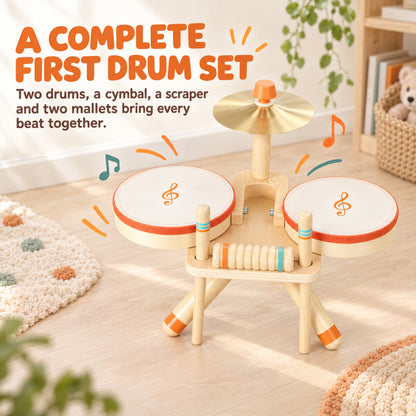 AIYAPLAY Kids Drum Kit, Wooden Musical Instruments with 2 Drums, Cymbal, Scraper, 2 Mallets for Toddlers, Music Learning, Natural