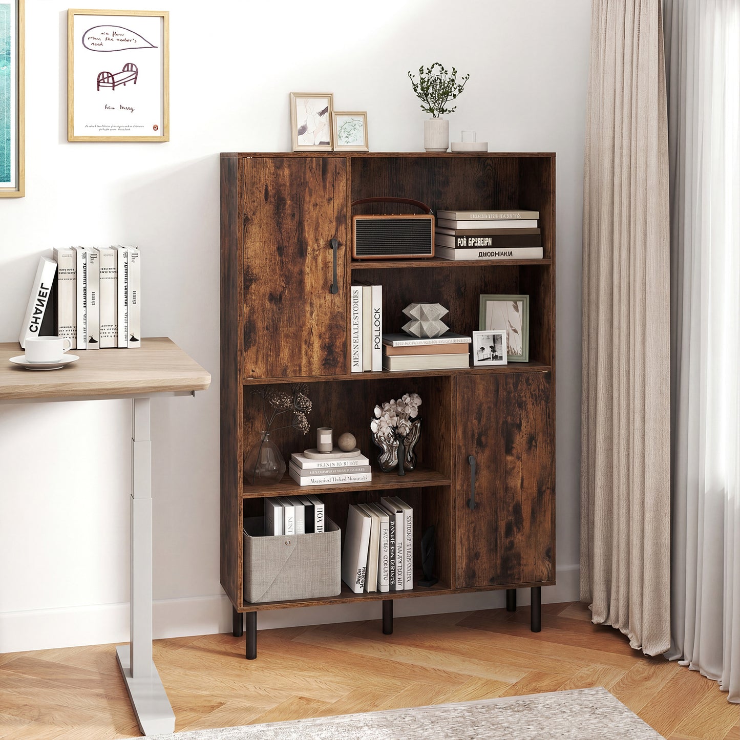 Cube Storage Cabinet with Metal Legs and Anti-topping Kits-Rustic Brown