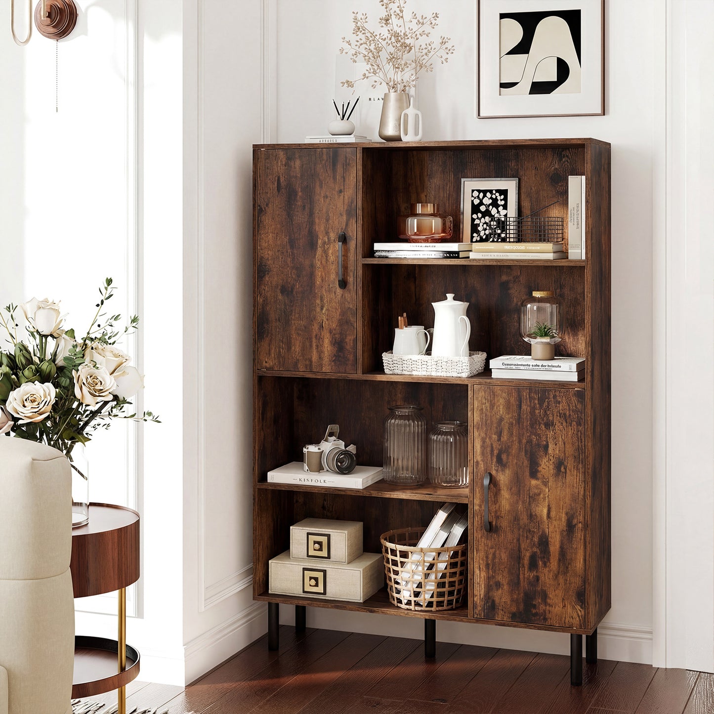 Cube Storage Cabinet with Metal Legs and Anti-topping Kits-Rustic Brown
