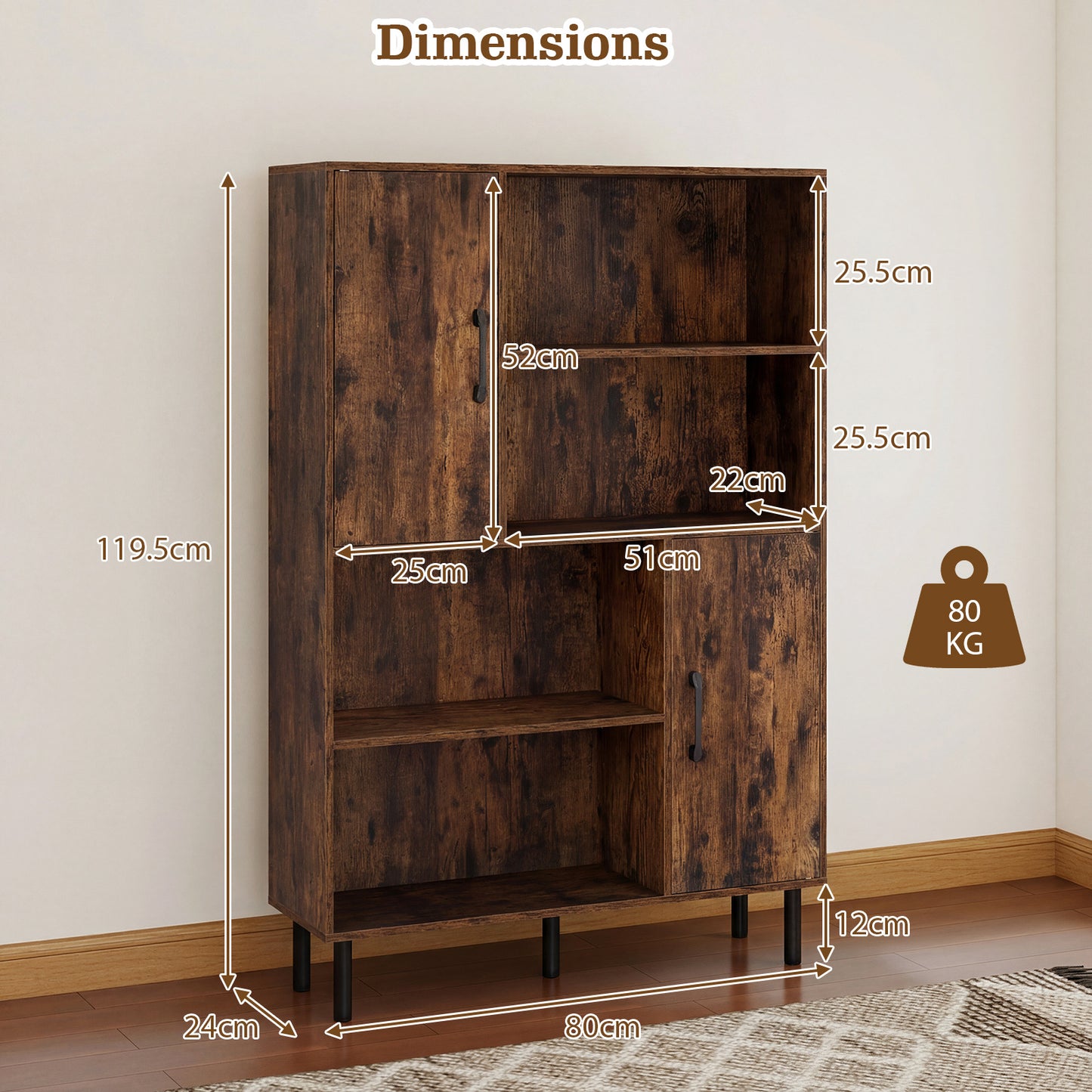 Cube Storage Cabinet with Metal Legs and Anti-topping Kits-Rustic Brown
