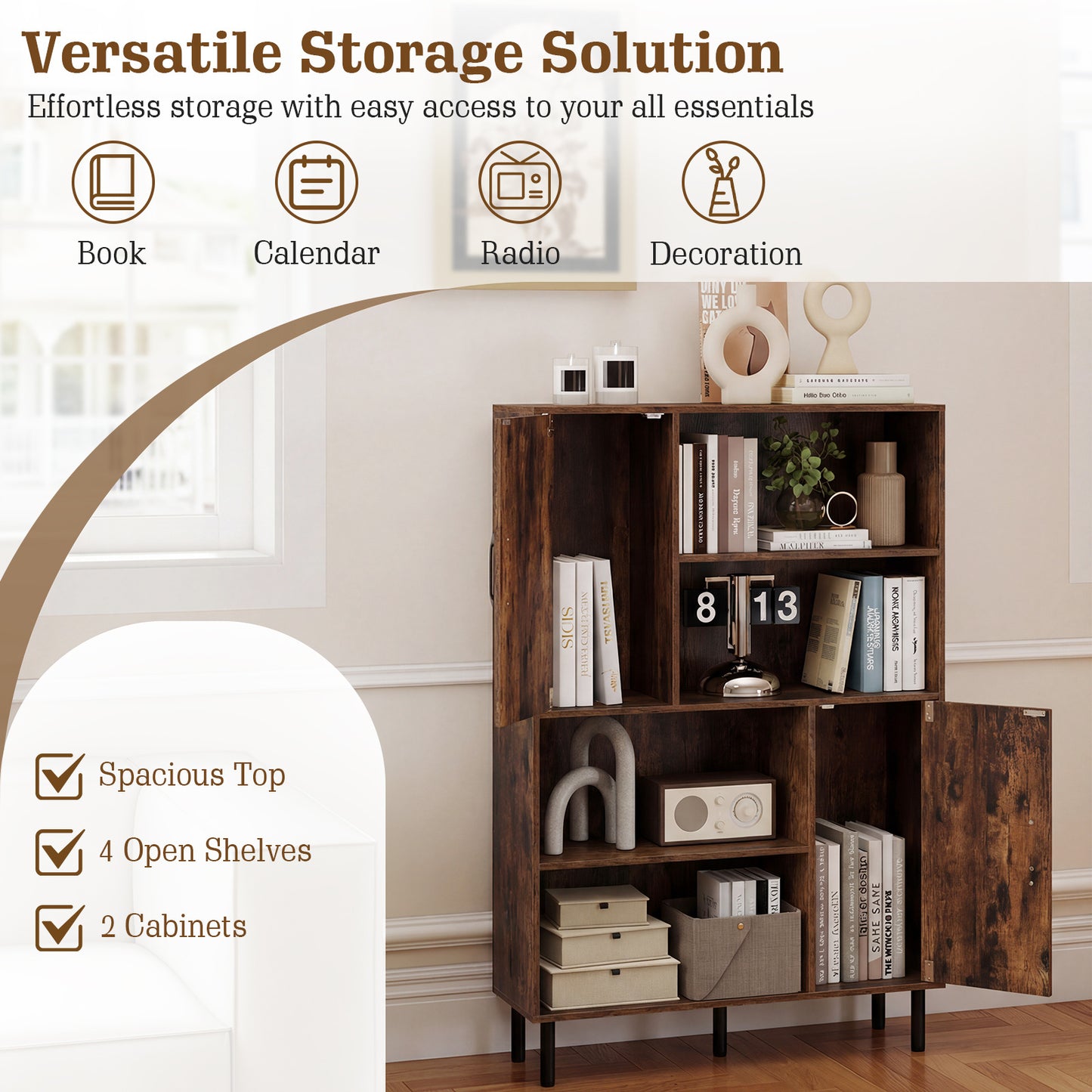 Cube Storage Cabinet with Metal Legs and Anti-topping Kits-Rustic Brown