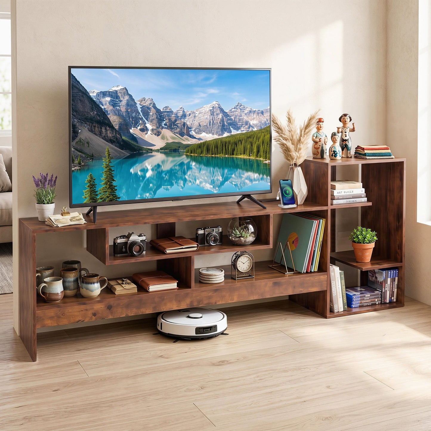 Cube TV Stand for 55 Inch TV with Power Outlets & Open Shelves for Living Room Bedroom-Rustic Brown