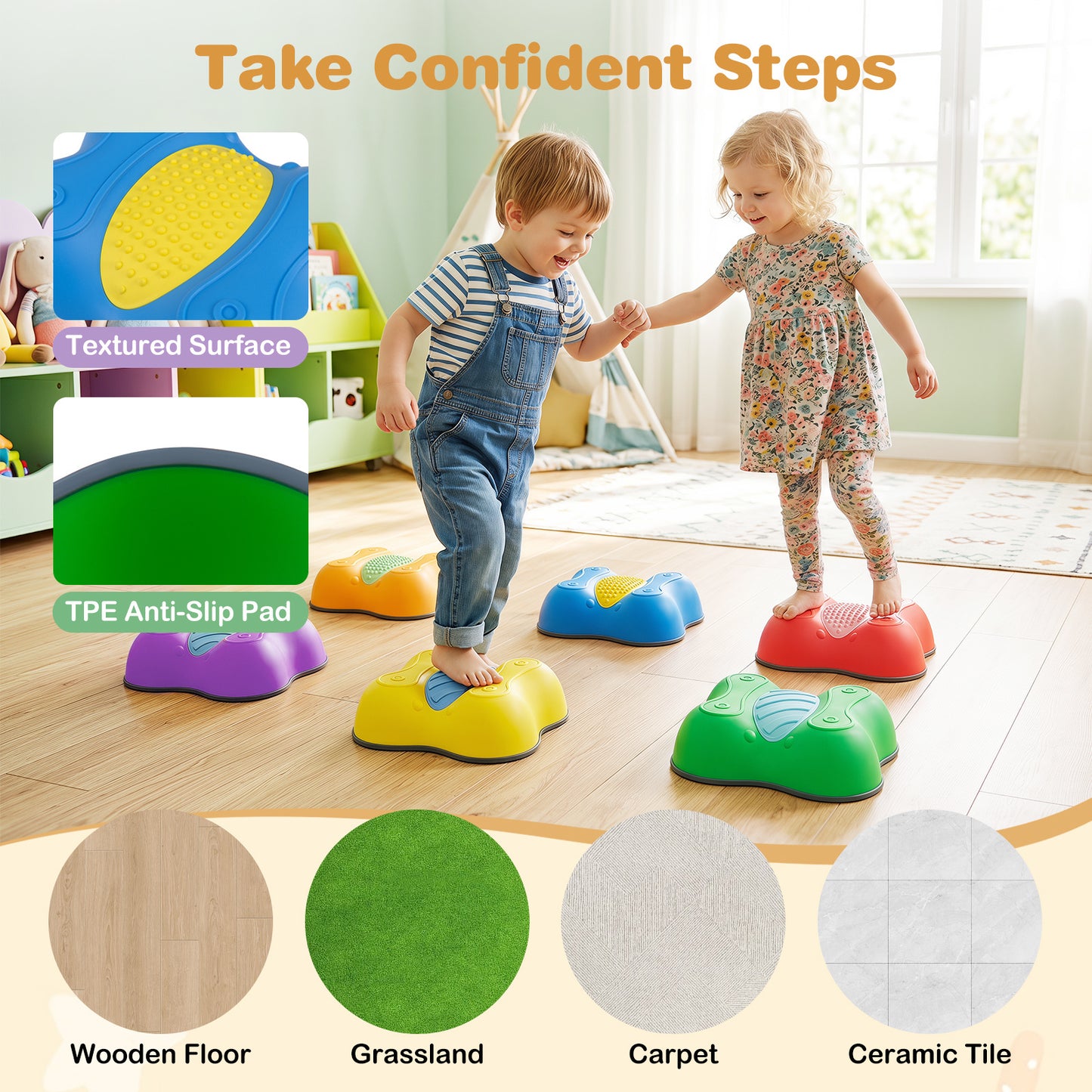Cute Butterfly Theme 6 Pieces Stepping Stones Non-Slip Design for Ages 3+ Kids