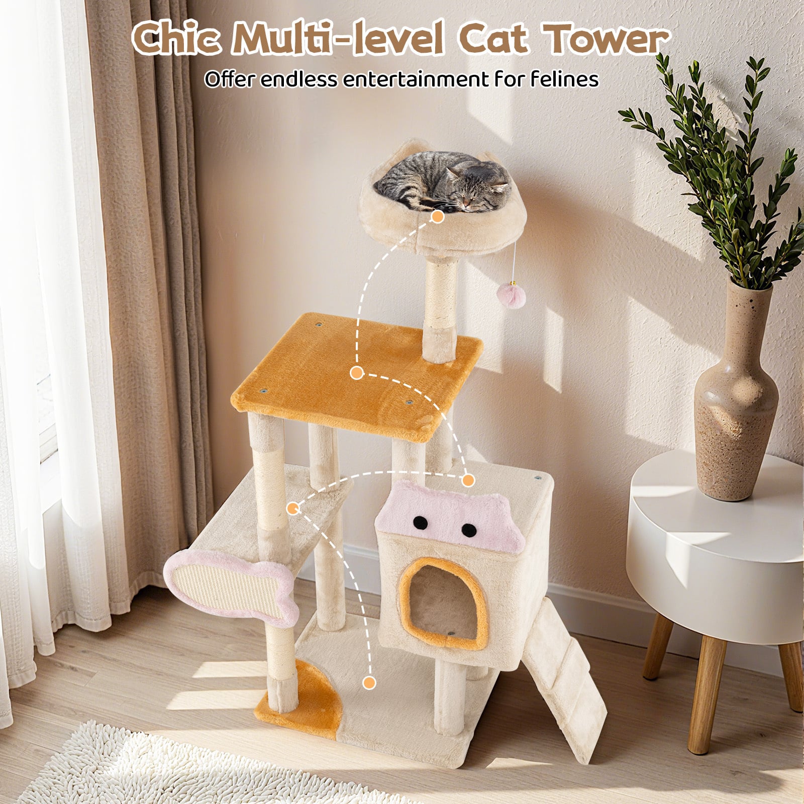 Cute Cat Tree for Indoor Kittens with Plush Perch-Yellow