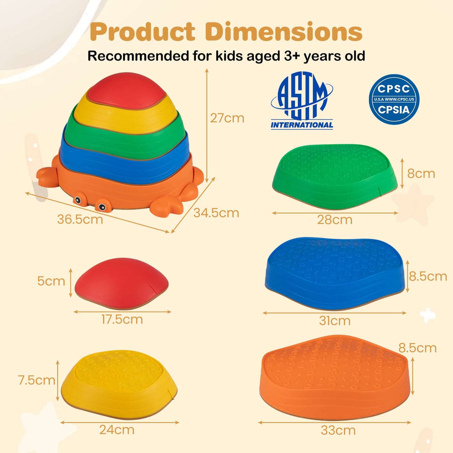 Cute Crab Theme 5 Pieces Stepping Stones Non-Slip Design for Ages 3+ Kids