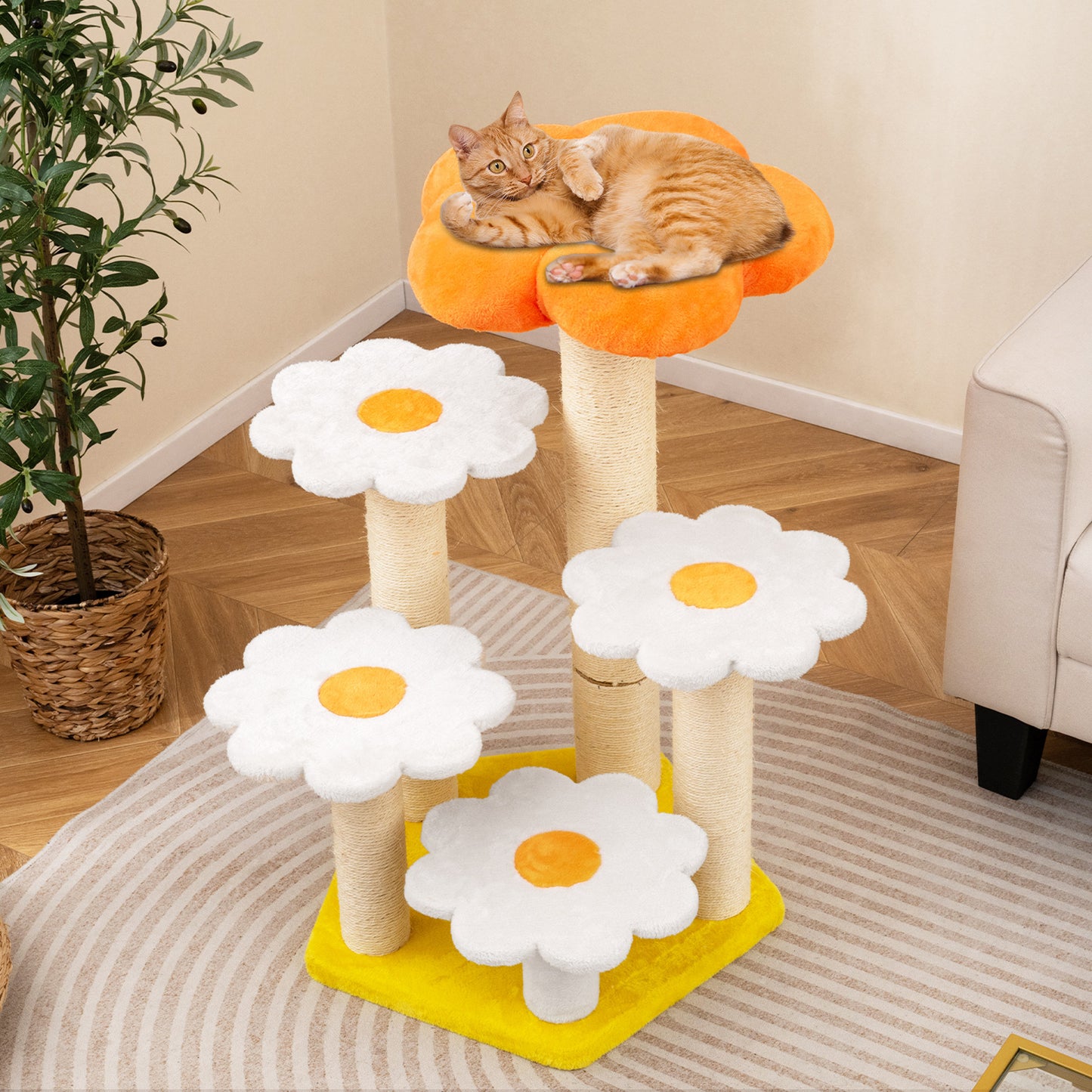 Cute Flower Cat Tree Kitty Tower with Sisal Scratching Posts-Yellow