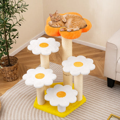 Cute Flower Cat Tree Kitty Tower with Sisal Scratching Posts-Yellow