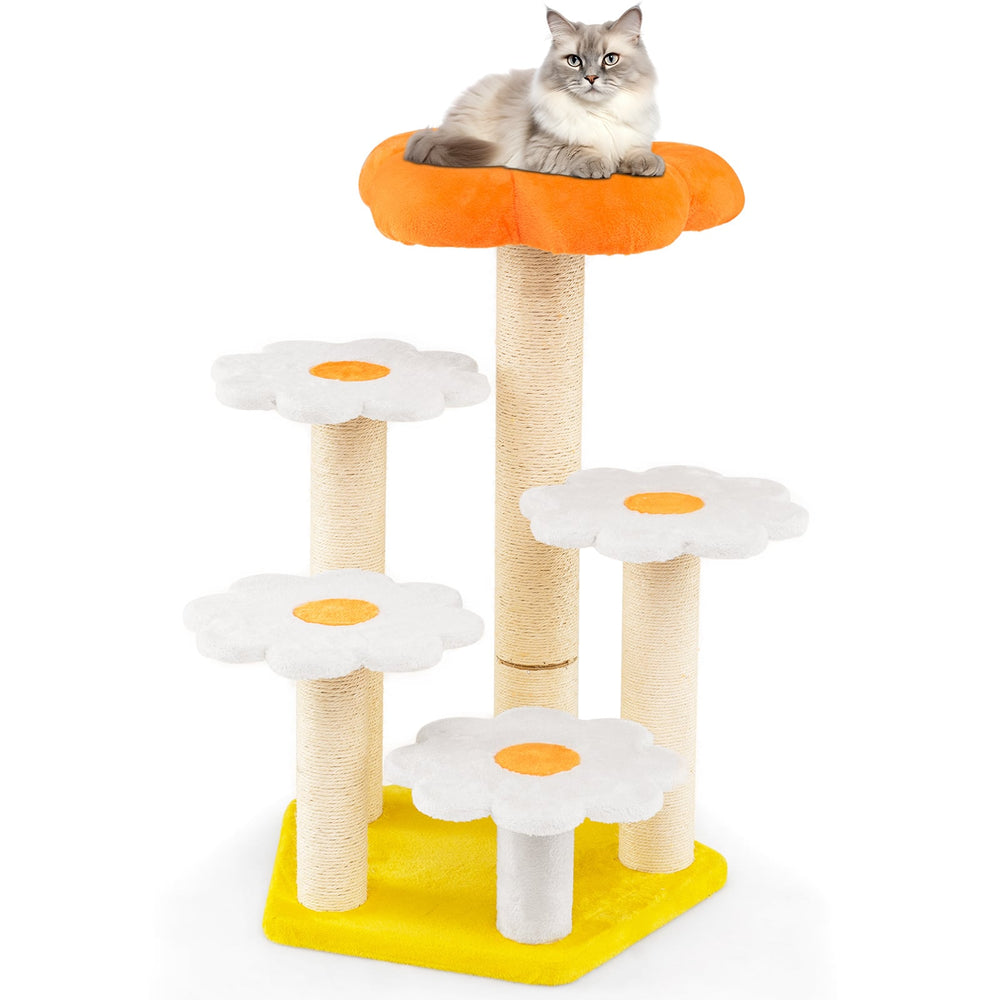 Cute Flower Cat Tree Kitty Tower with Sisal Scratching Posts-Yellow