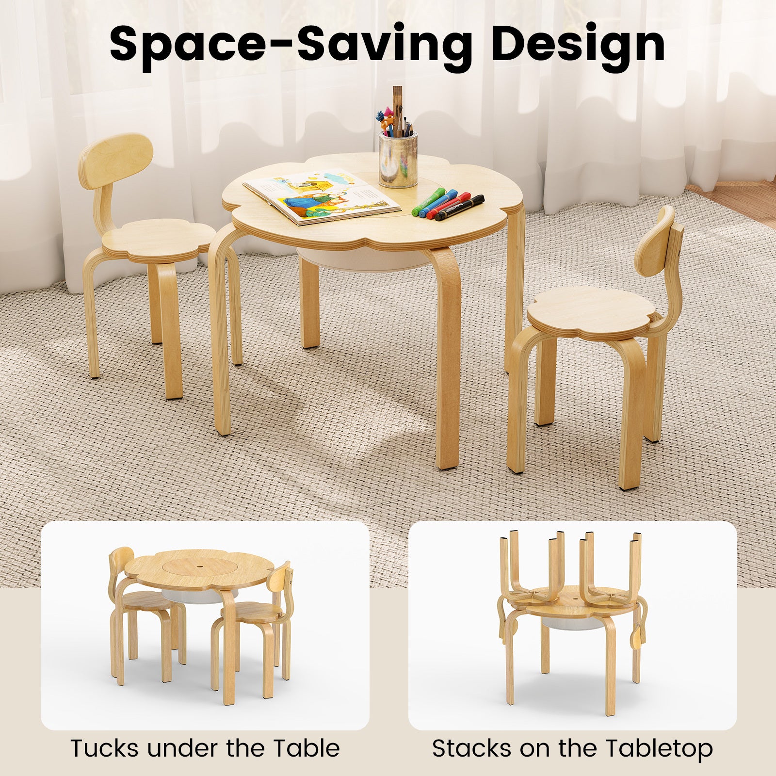 Cute Flower-Shaped Kids Table and 2 Chairs Set with Fabric Storage Bin-Natural