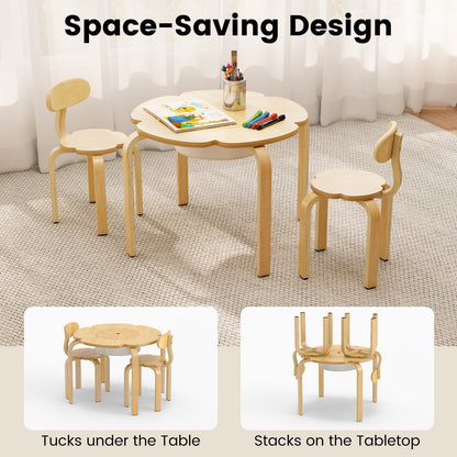 Cute Flower-Shaped Kids Table and 2 Chairs Set with Fabric Storage Bin-Natural