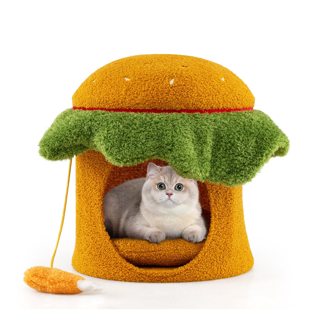 Cute Hamburger Cat Bed with Padded Top and Removable Washable Cushion-Orange
