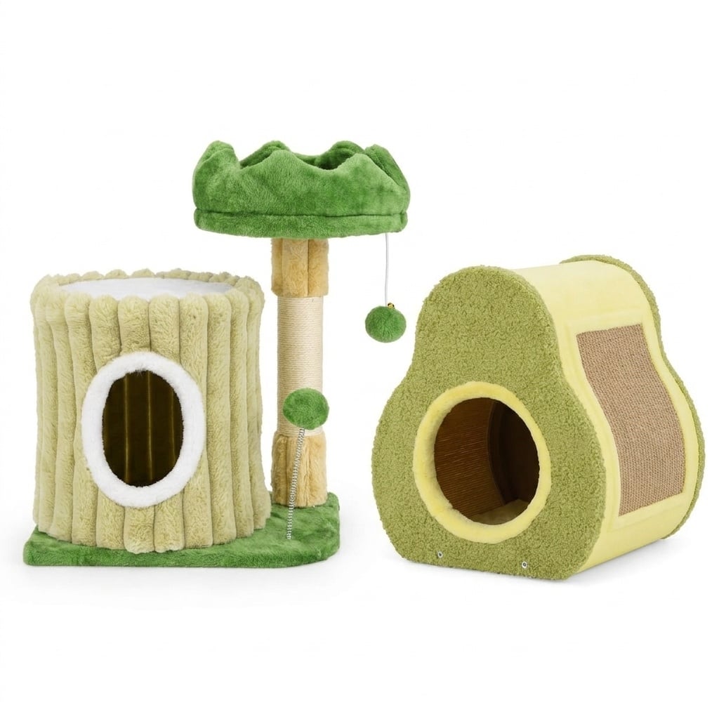 Cute Nature-Themed 2-Piece Cat Tree & Avocado House Bundle