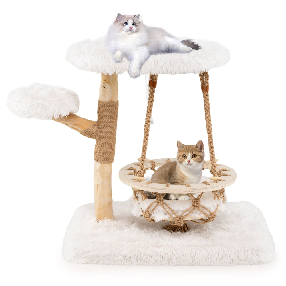Cute Solid Wood Cat Tree Natural Branch Modern Kitten Tower-White