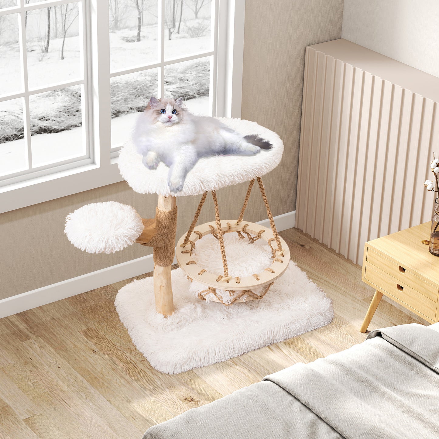 Cute Solid Wood Cat Tree Natural Branch Modern Kitten Tower-White