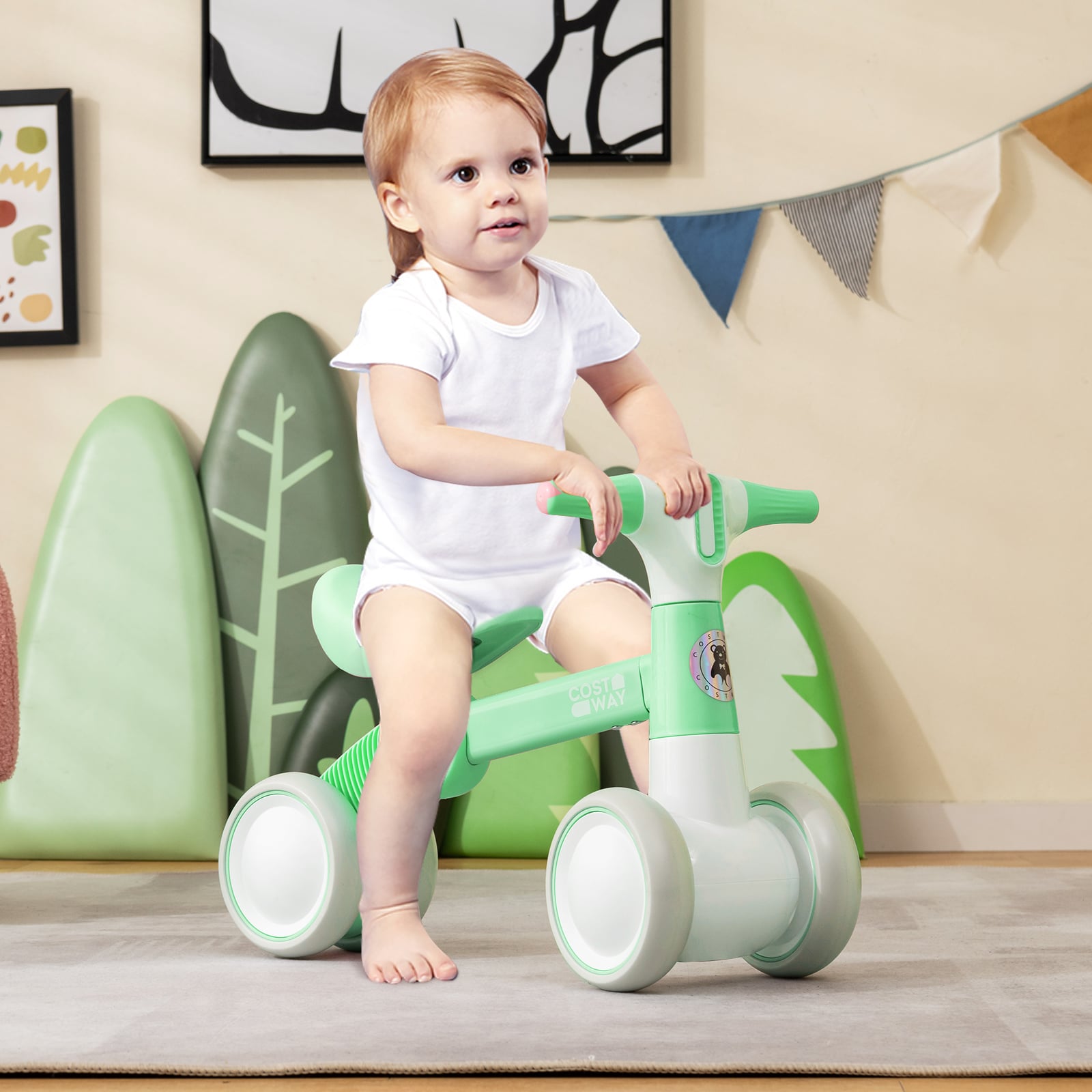 Cute Baby Balance Bike 4 Wheels with Steering Handlebars No Pedal-Green