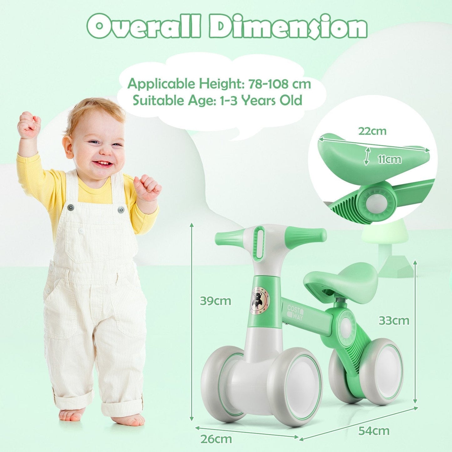 Cute Baby Balance Bike 4 Wheels with Steering Handlebars No Pedal-Green