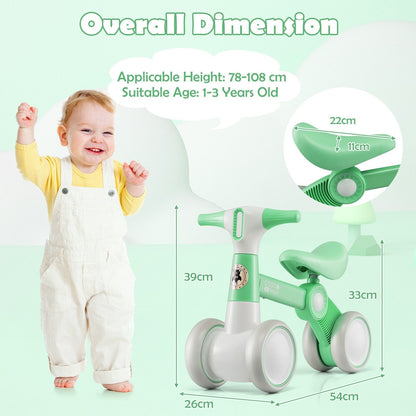 Cute Baby Balance Bike 4 Wheels with Steering Handlebars No Pedal-Green