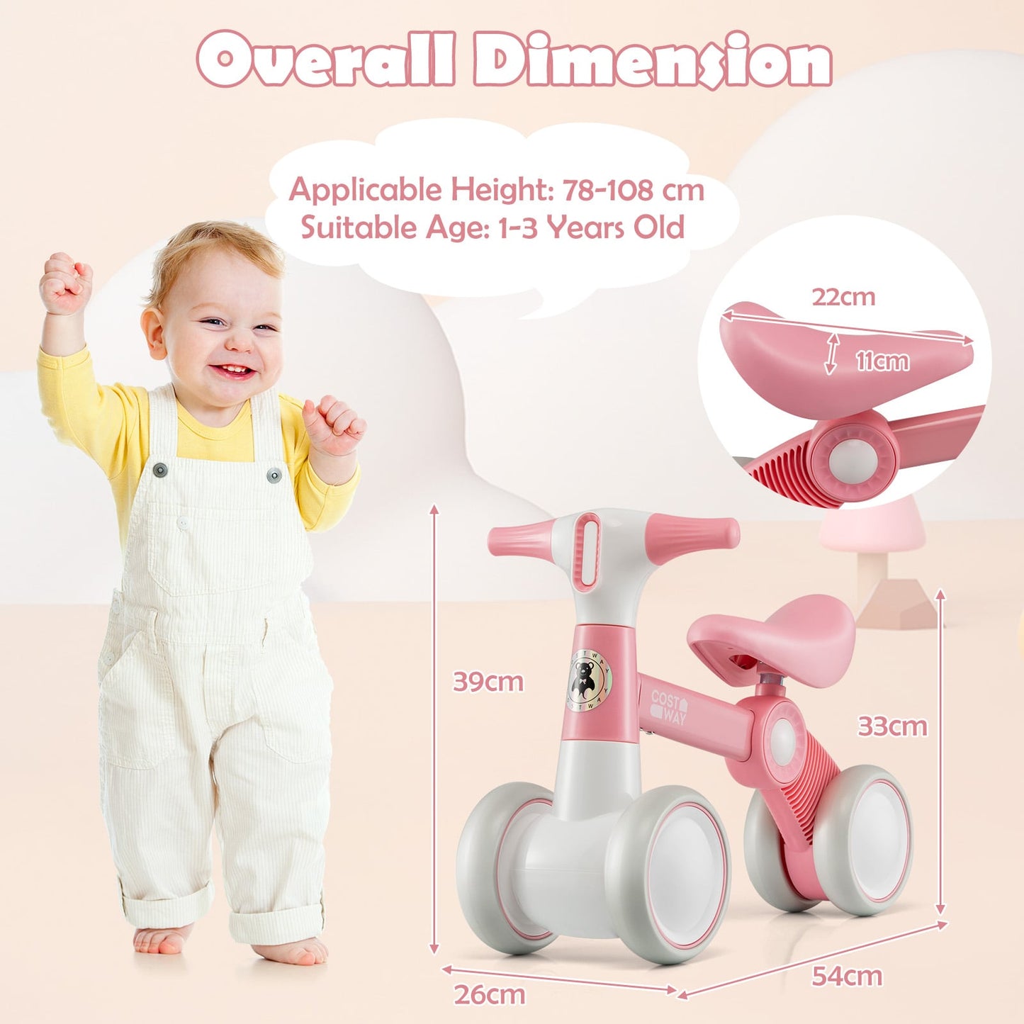 Cute Baby Balance Bike 4 Wheels with Steering Handlebars No Pedal-Pink