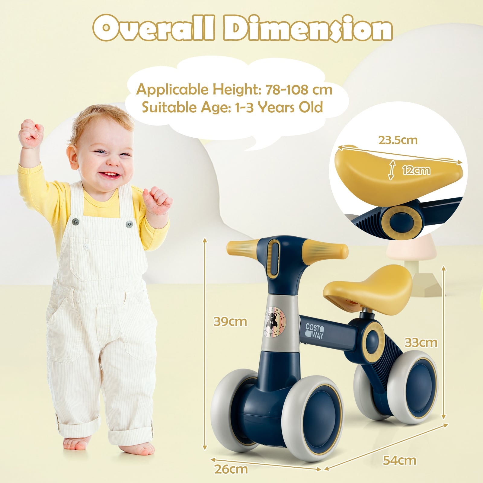 Cute Baby Balance Bike 4 Wheels with Steering Handlebars No Pedal-Yellow